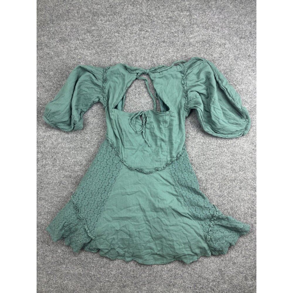 Free People Dress Womens Small Green Off Shoulder Lace Boho Fit & Flare Mini